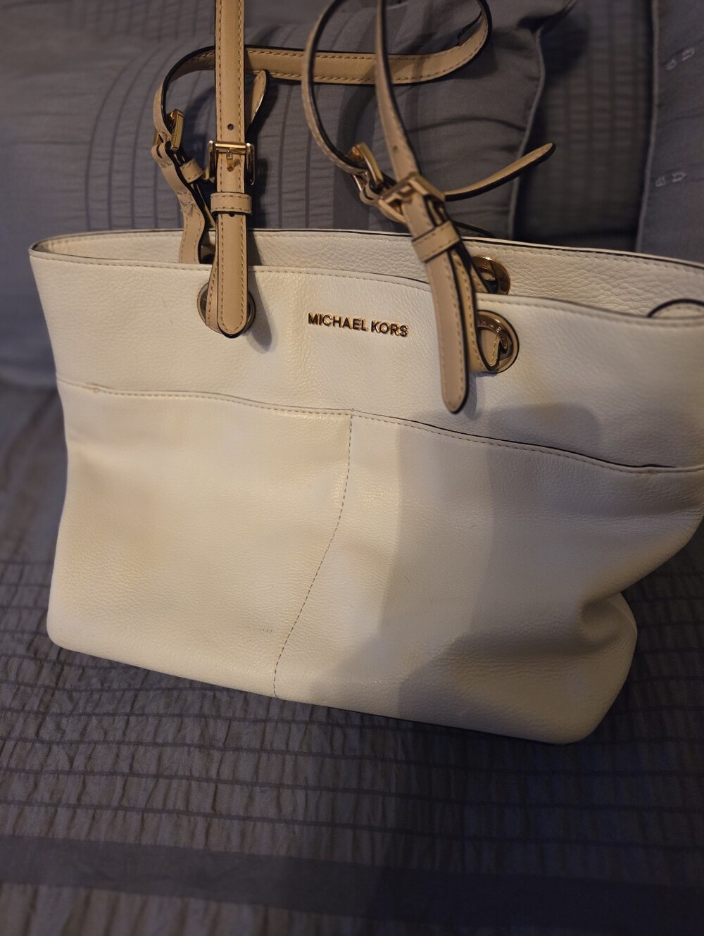 Michael Kors Cream Leather Tote with Tan Straps